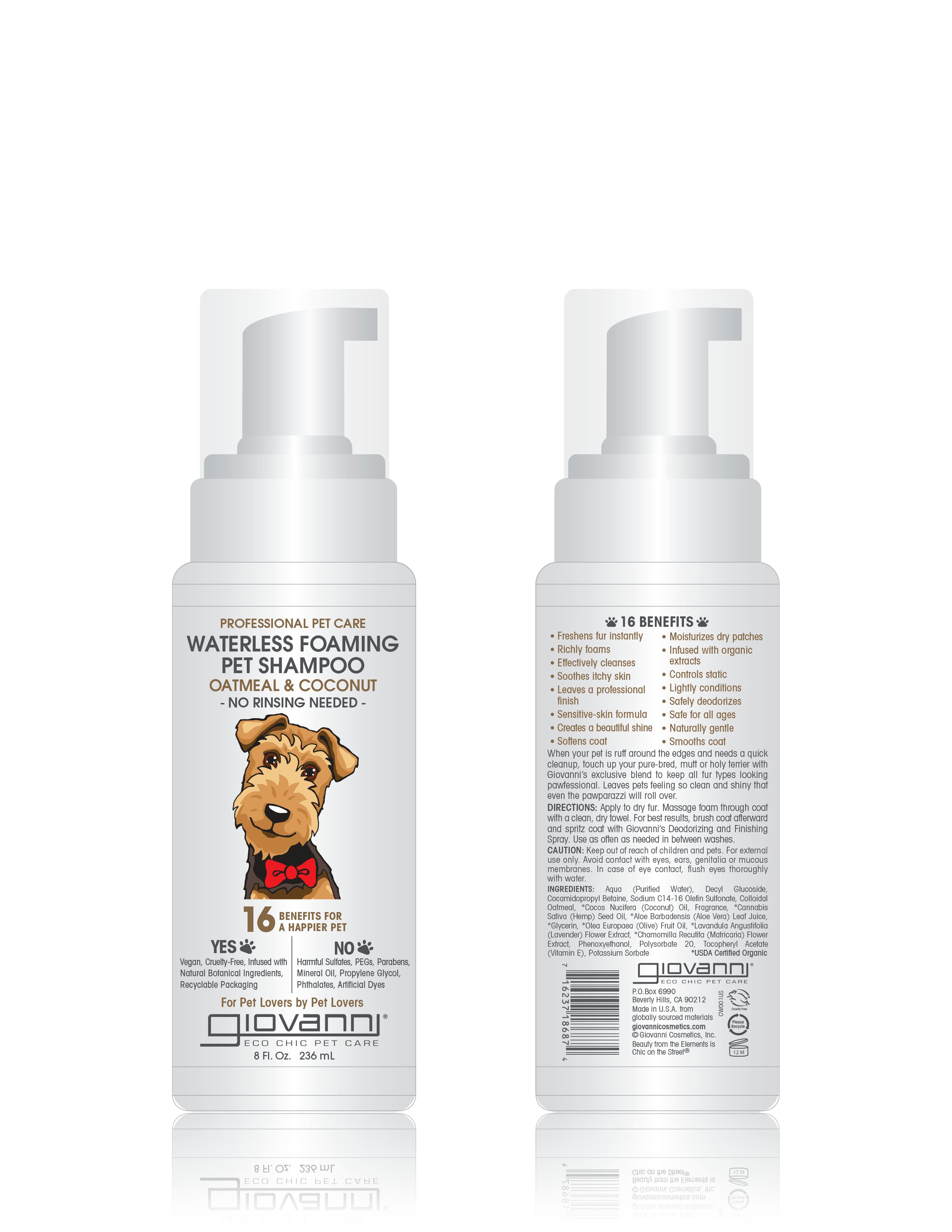 Giovanni Cosmetics - Shampoing moussant professionnel sans eau pour animaux de compagnie - Avoine et noix de coco - 236 ml