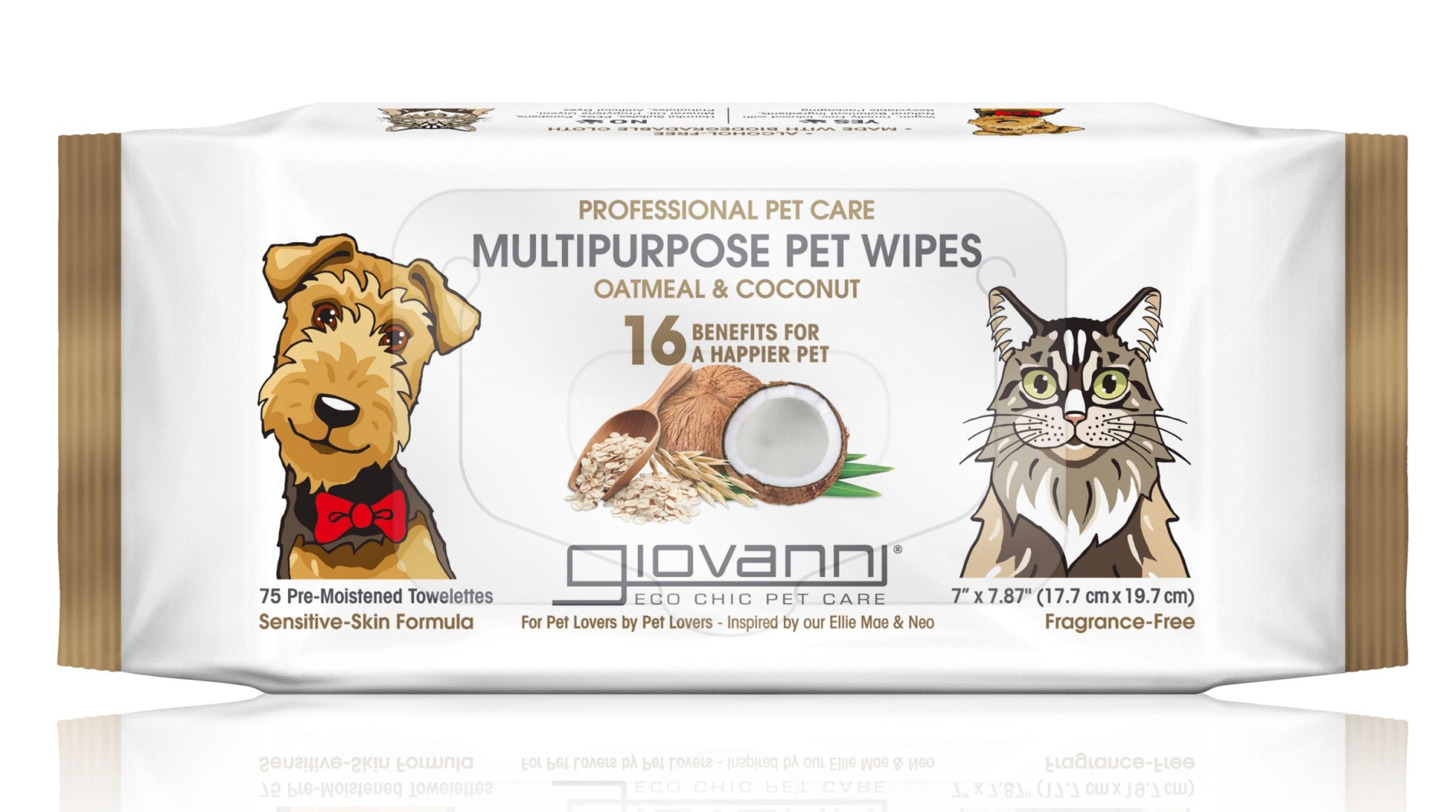 Giovanni Cosmetics - Lingettes professionnelles multi-usages pour animaux de compagnie - Avoine et noix de coco (75 pièces)