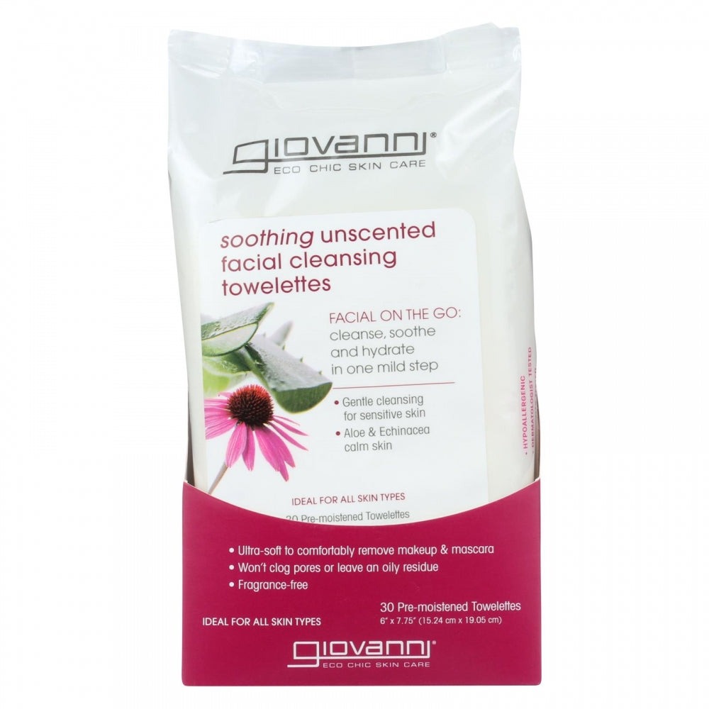 Giovanni Cosmetics -- Lingettes nettoyantes pour le visage apaisantes sans parfum à l'aloe vera et à l'échinace (apaisantes) - 30 pcs.